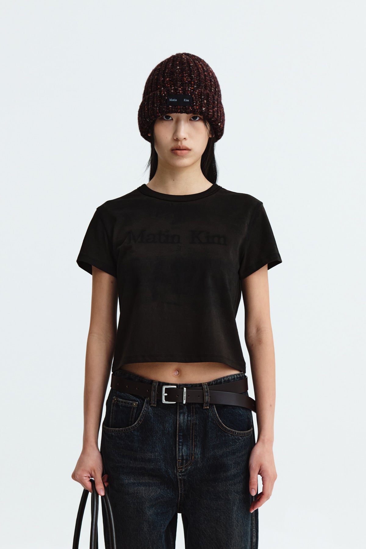 Matin Kim - Stencil Printing Logo Crop Top (Brown) product image 10 | TRAB K-Fashion Australia