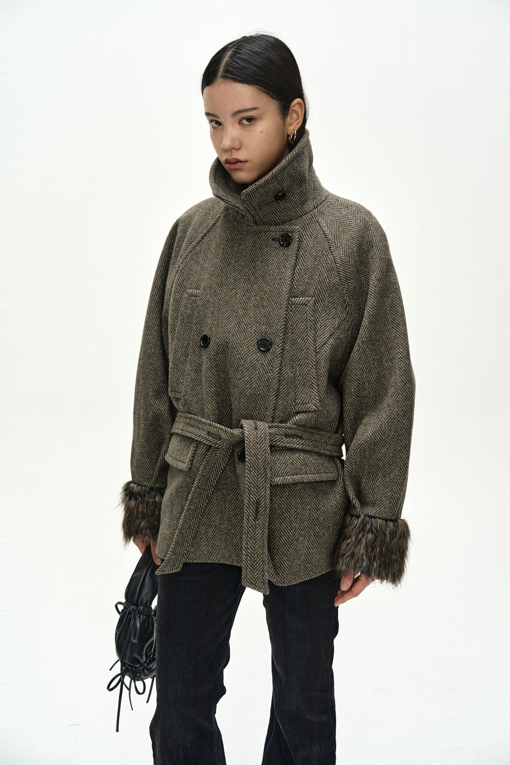 Andersson Bell - Fur Cuff High Neck Coat (Brown) product image 5 | TRAB K-Fashion Australia