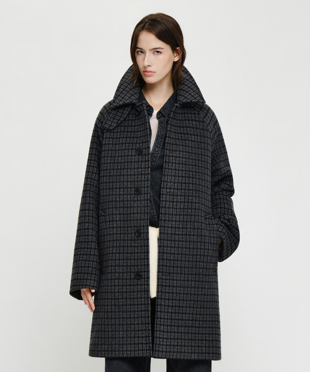 Marithe & Francois Girbaud - Wool Blend Long Balmacaan Coat (Check) product image 1 | TRAB K-Fashion Australia