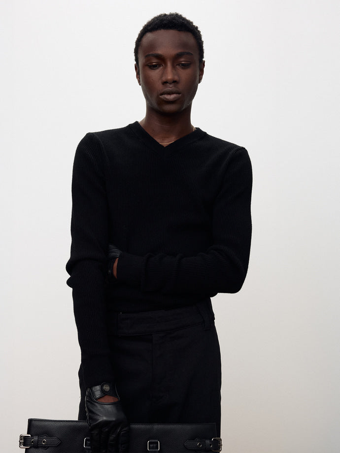 Tonywack - Super Fine Wool Ribbed V-Neck Sweater (Black) product image 6 | TRAB K-Fashion Australia