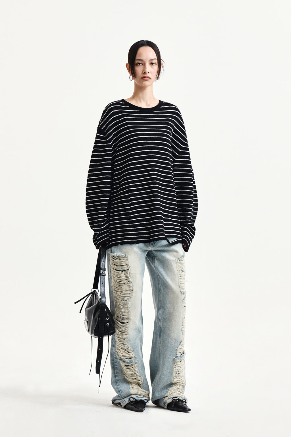 Matin Kim - Stripe Damaged Loose Pullover (Black) product image 8 | TRAB K-Fashion Australia
