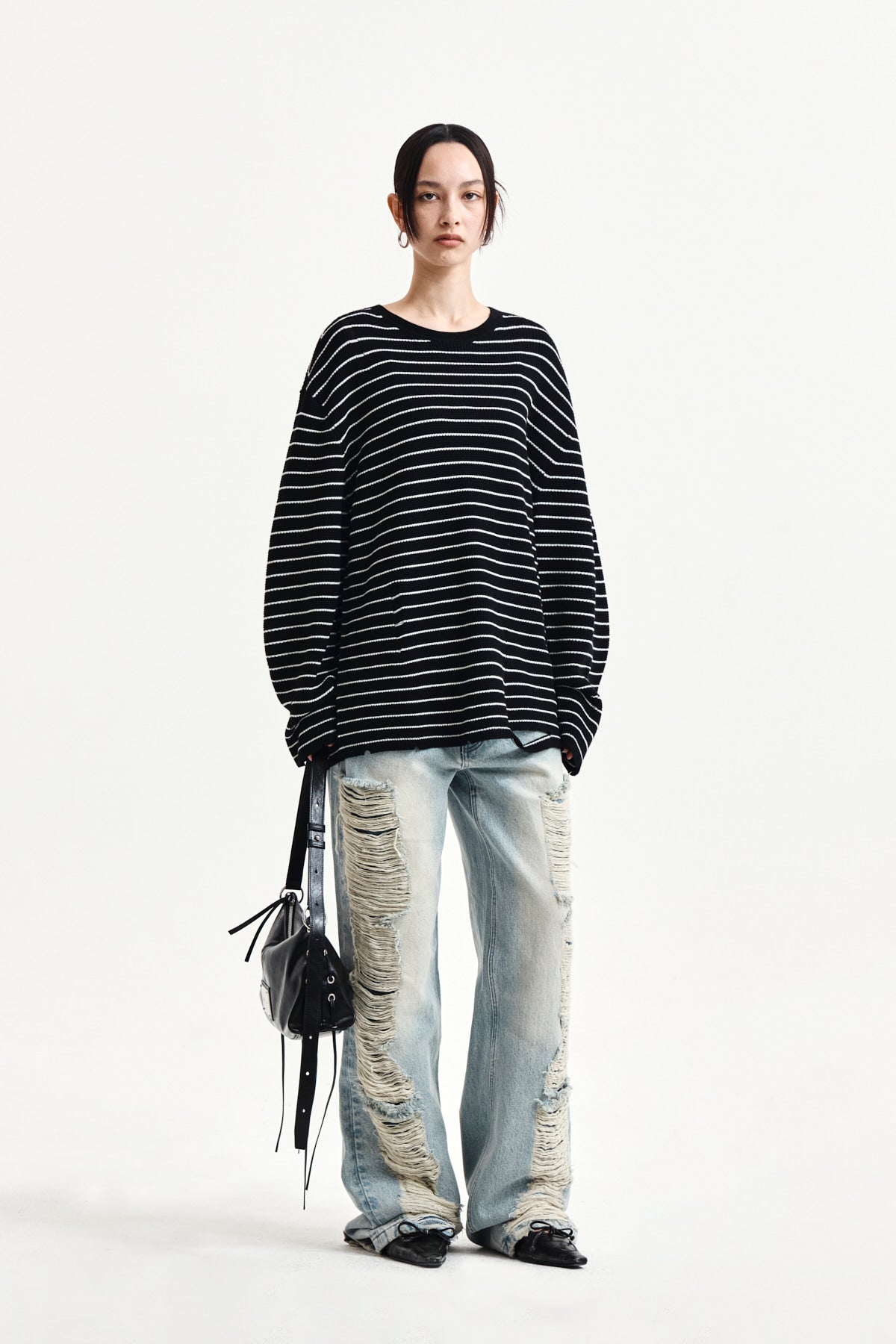 Matin Kim - Stripe Damaged Loose Pullover (Black) product image 8 | TRAB K-Fashion Australia