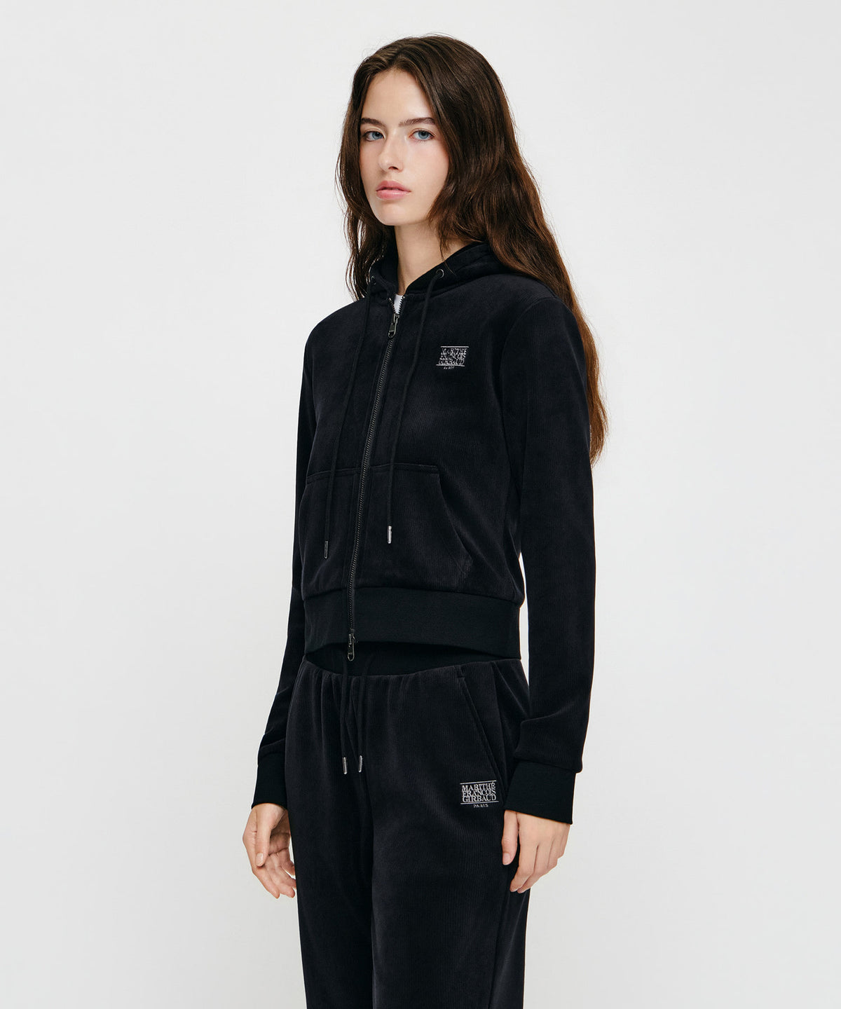 Marithe & Francois Girbaud - Small Classic Logo Slim Fit Velour Crop Hoodie Zipup (Black) product image 2 | TRAB K-Fashion Australia