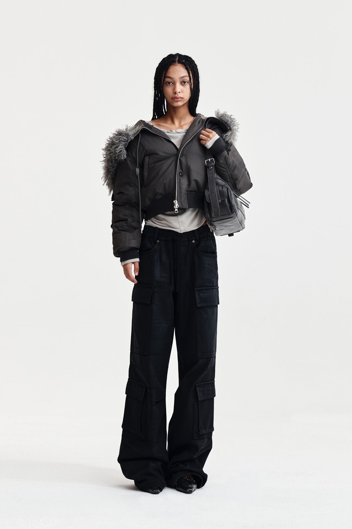 Matin Kim - Fur Hoody Bomber Down Jumper (Dark Grey) product image 7 | TRAB K-Fashion Australia