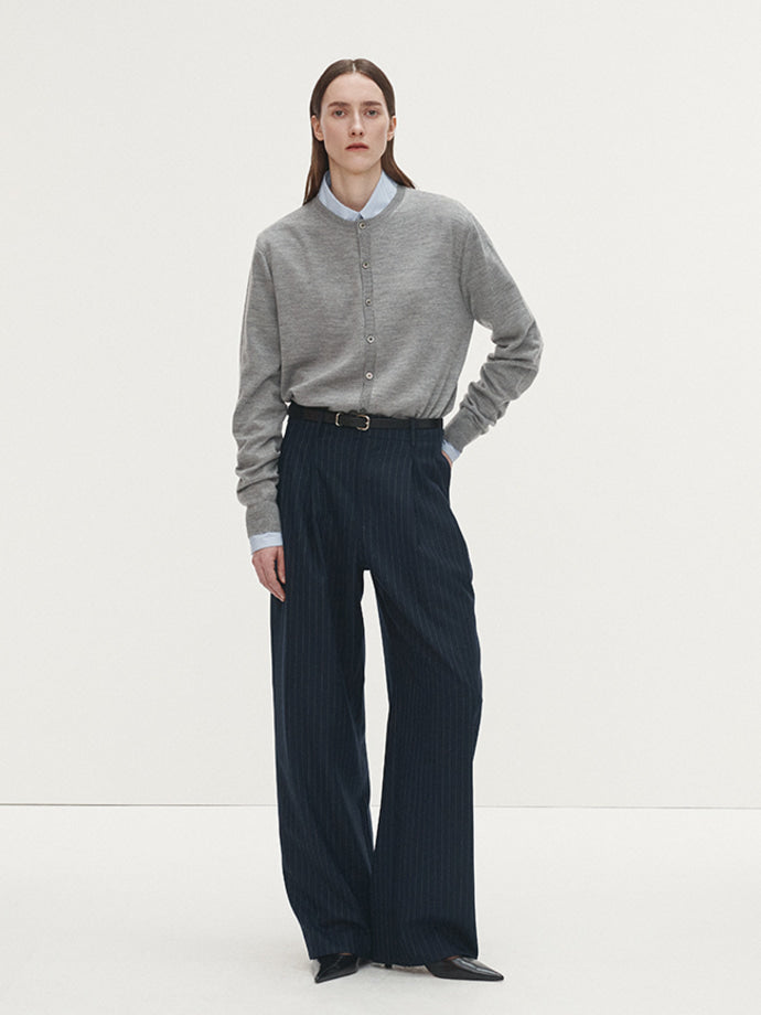 Tonywack - Striped Wool Double-Pleats Wide Trousers (Navy Pinstripe) product image 5 | TRAB K-Fashion Australia