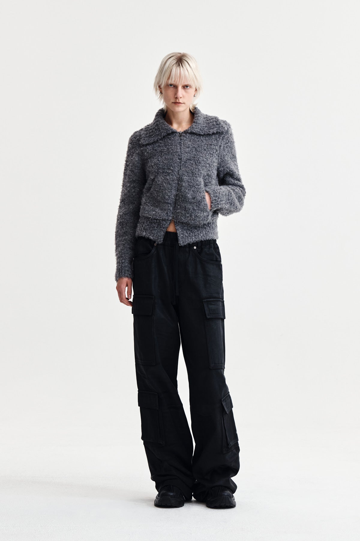 Matin Kim - Boucle Knit Zip Up Cardigan (Charcoal) product image 9 | TRAB K-Fashion Australia