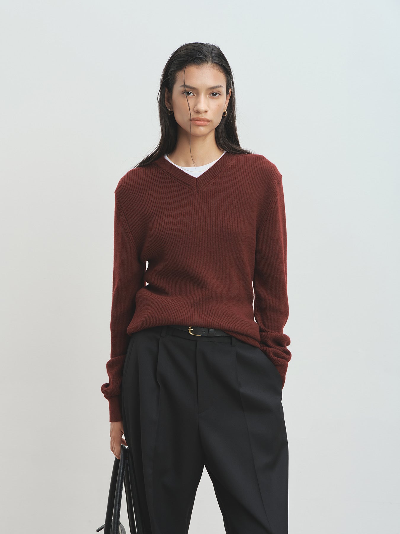 Tonywack - Super Fine Wool Ribbed V-Neck Sweater (Maroon) product image 3 | TRAB K-Fashion Australia