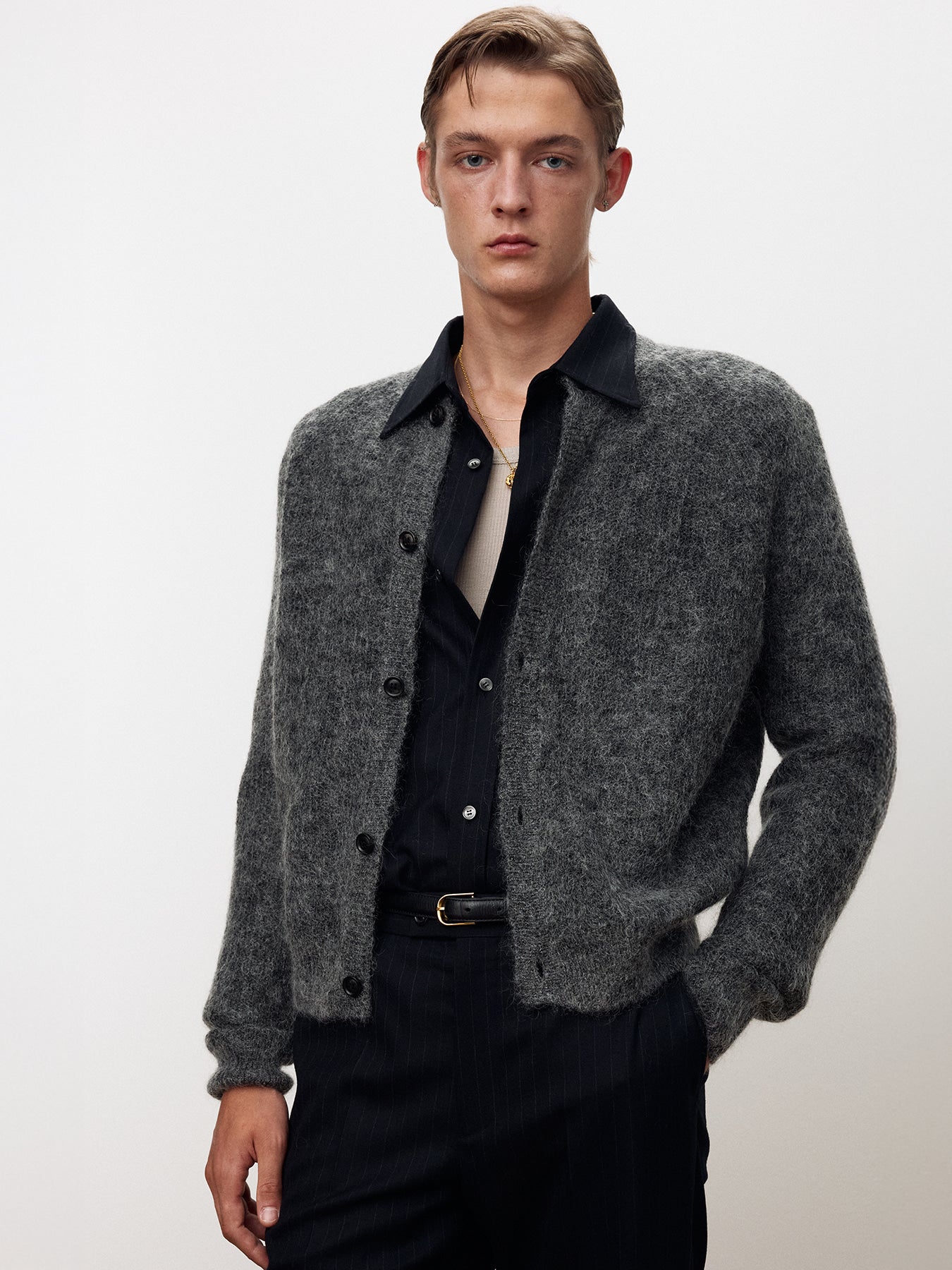 Tonywack - Wool And Mohair Ribbed Mesh Cardigan (Melange Grey) product image 7 | TRAB K-Fashion Australia