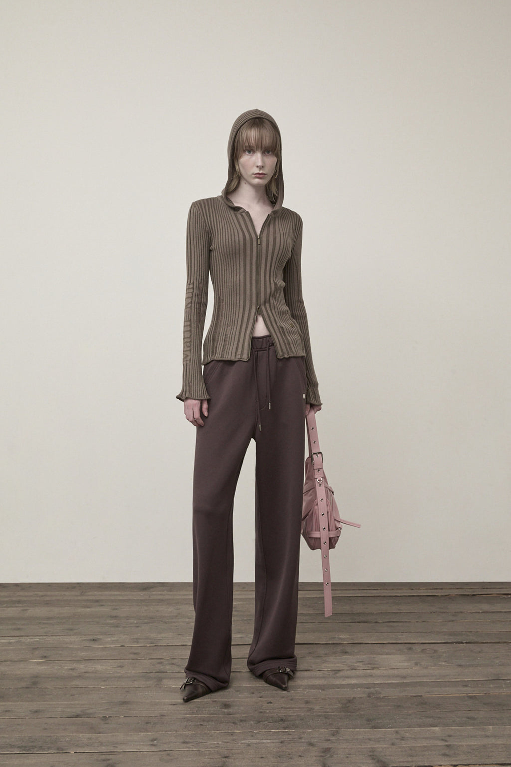 Matin Kim - Logo Point Damage Slim Hoody Cardigan (Khaki Brown) product image 9 | TRAB K-Fashion Australia