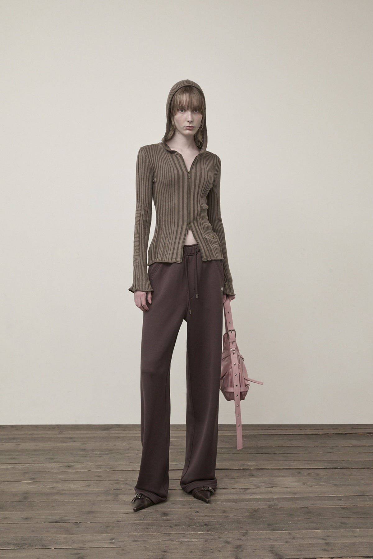 Matin Kim - Logo Point Damage Slim Hoody Cardigan (Khaki Brown) product image 9 | TRAB K-Fashion Australia