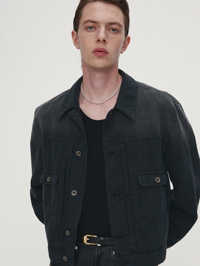 Tonywack - Cotton Linen Garment-Dyed Trucker Jacket (Faded Black) product image 1 | TRAB K-Fashion Australia