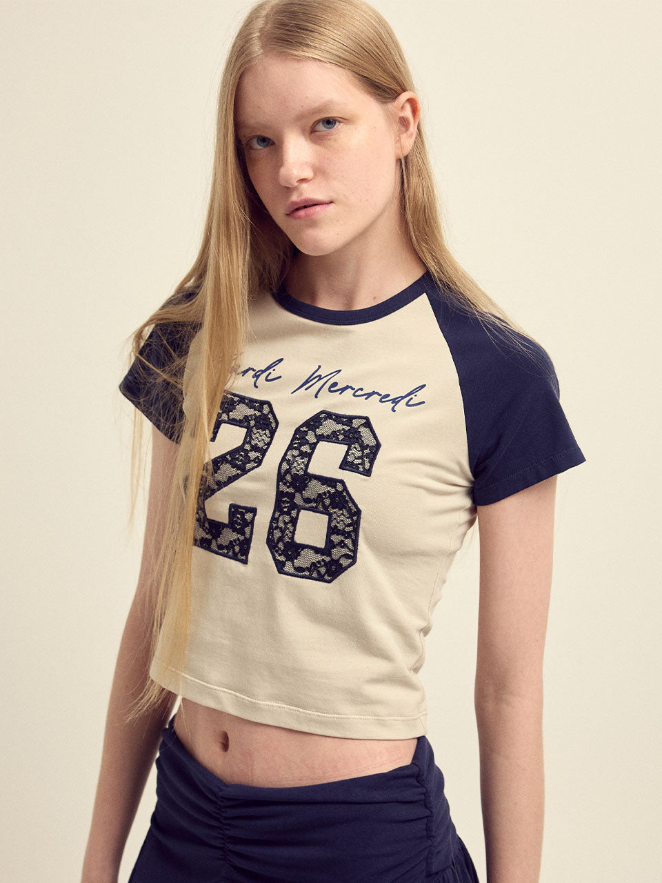 Mardi Mercredi - Cropped Tshirt Raglan No.26 Lace (Beige Navy) product image 1 | TRAB K-Fashion Australia