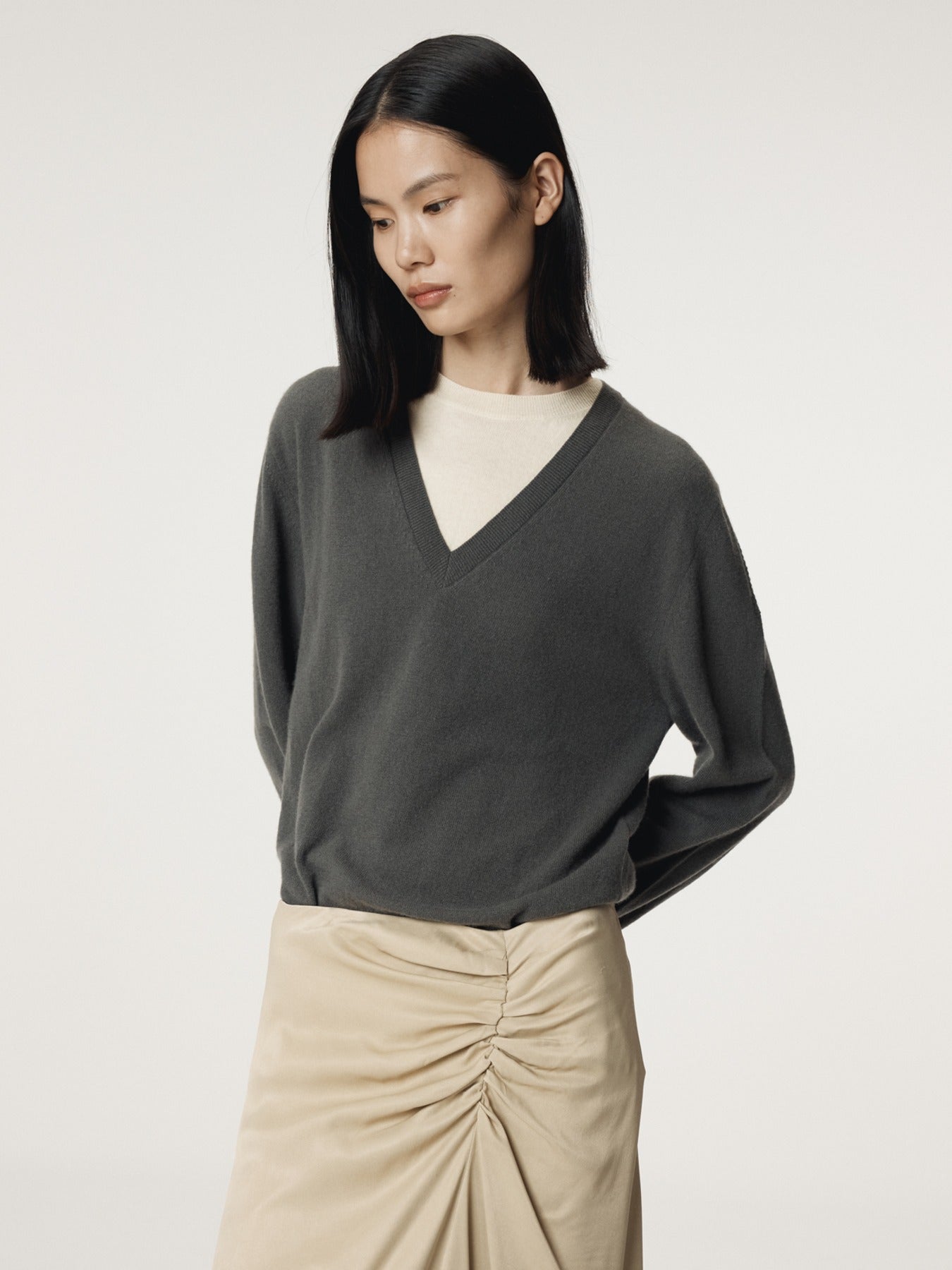 Recto - Contrast Layered V-Neck Knit Top (Taupe Grey) product image 1 | TRAB K-Fashion Australia