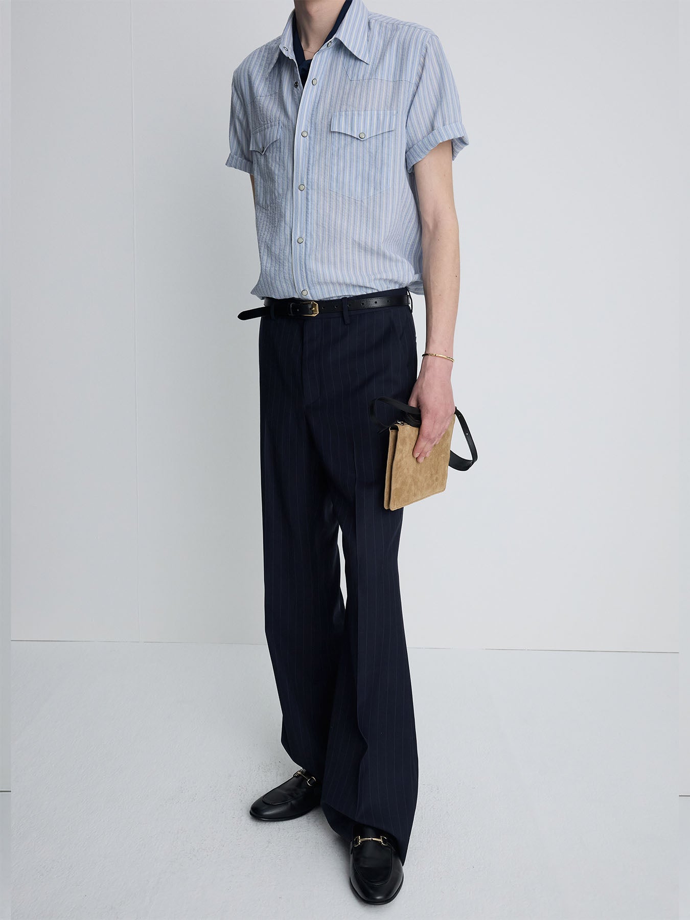 Tonywack - Tropical Wool Flared Trousers (Navy Stripe) product image 1 | TRAB K-Fashion Australia