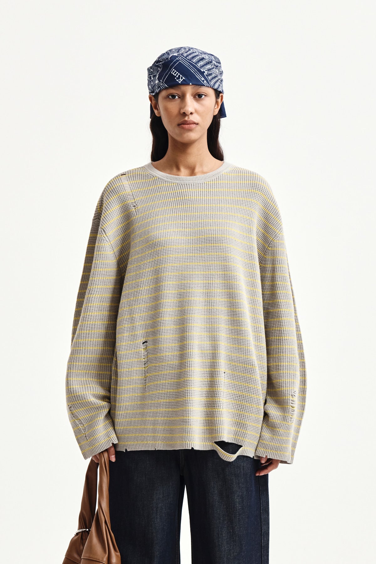 Matin Kim - Stripe Damaged Loose Pullover (Beige) product image 15 | TRAB K-Fashion Australia