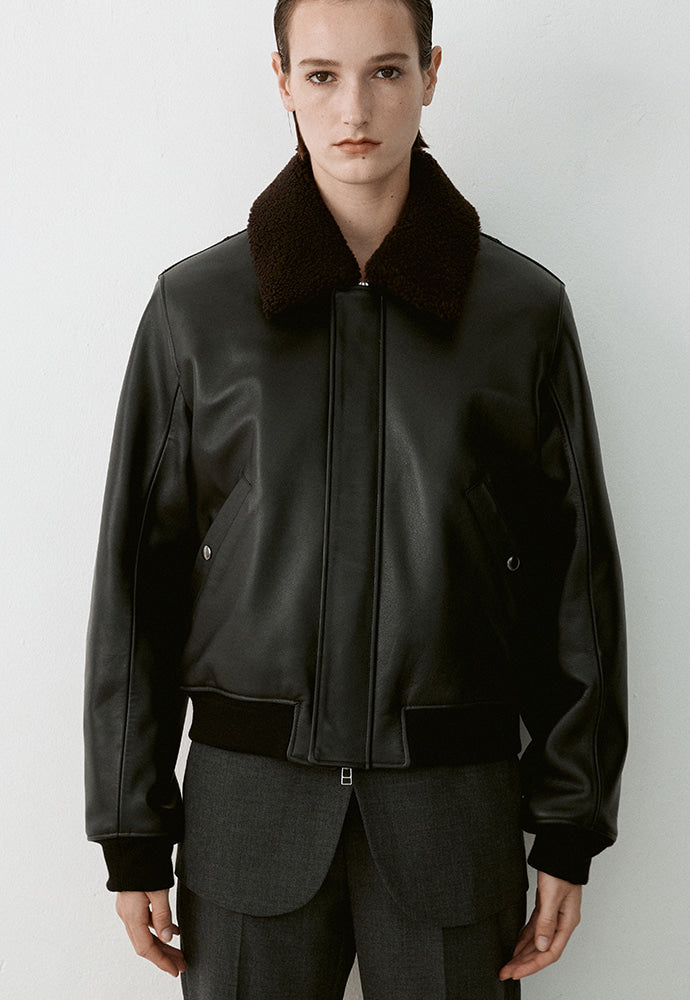 Tonywack - Shearling Collar Leather Bomber Jacket (Black) product image 3 | TRAB K-Fashion Australia