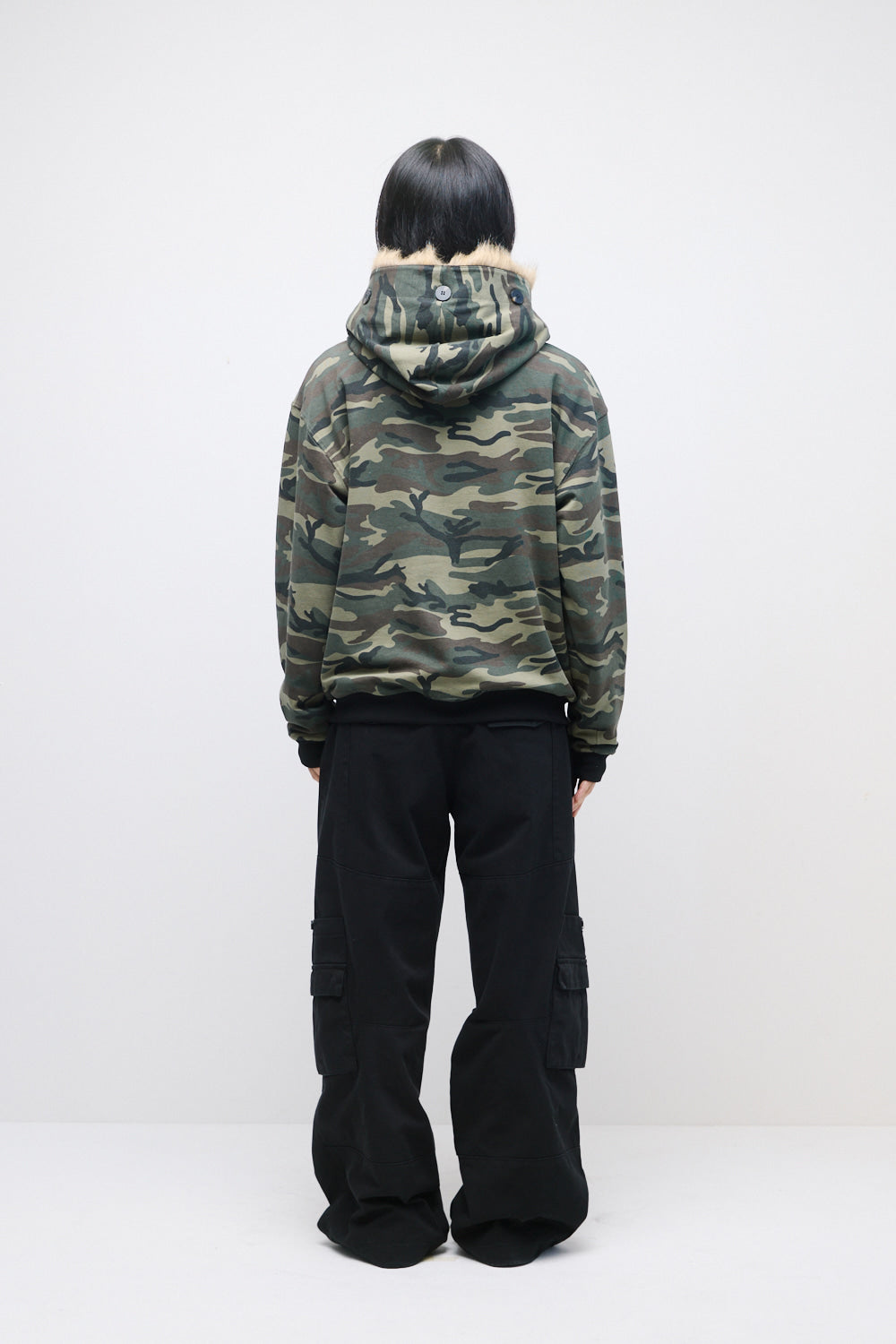 Hatchingroom - Reversible Faux Fur Hoodie (Black/Camo Khaki) product image 16 | TRAB K-Fashion Australia