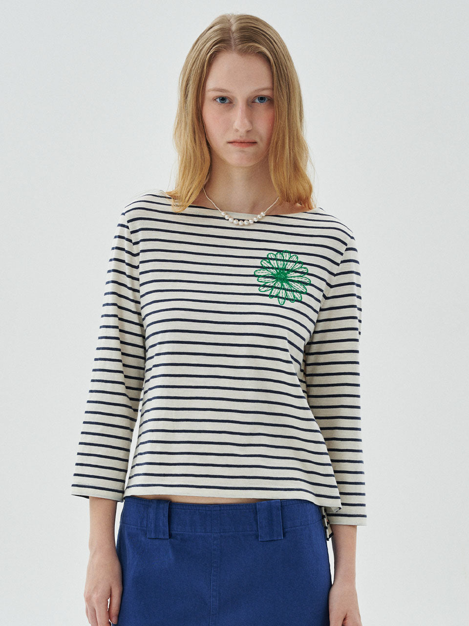 Mardi Mercredi - Slub Cotton Slim Tshirt 3/4 Sleeve Stripe Flower (Navy Green) product image 1 | TRAB K-Fashion Australia