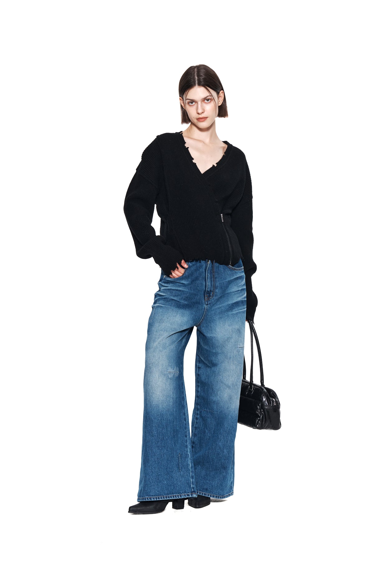 Matin Kim - Pinched Two Way Knit Zip Cardigan (Black) product image 8 | TRAB K-Fashion Australia