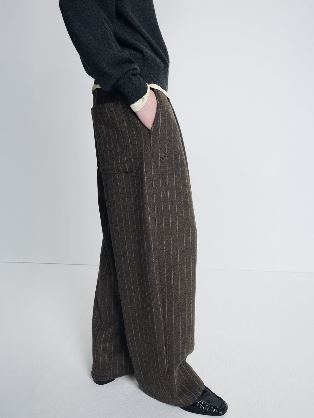 Tonywack - Wool Wide-Leg Banding Trousers (Brown Stripe) product image 3 | TRAB K-Fashion Australia