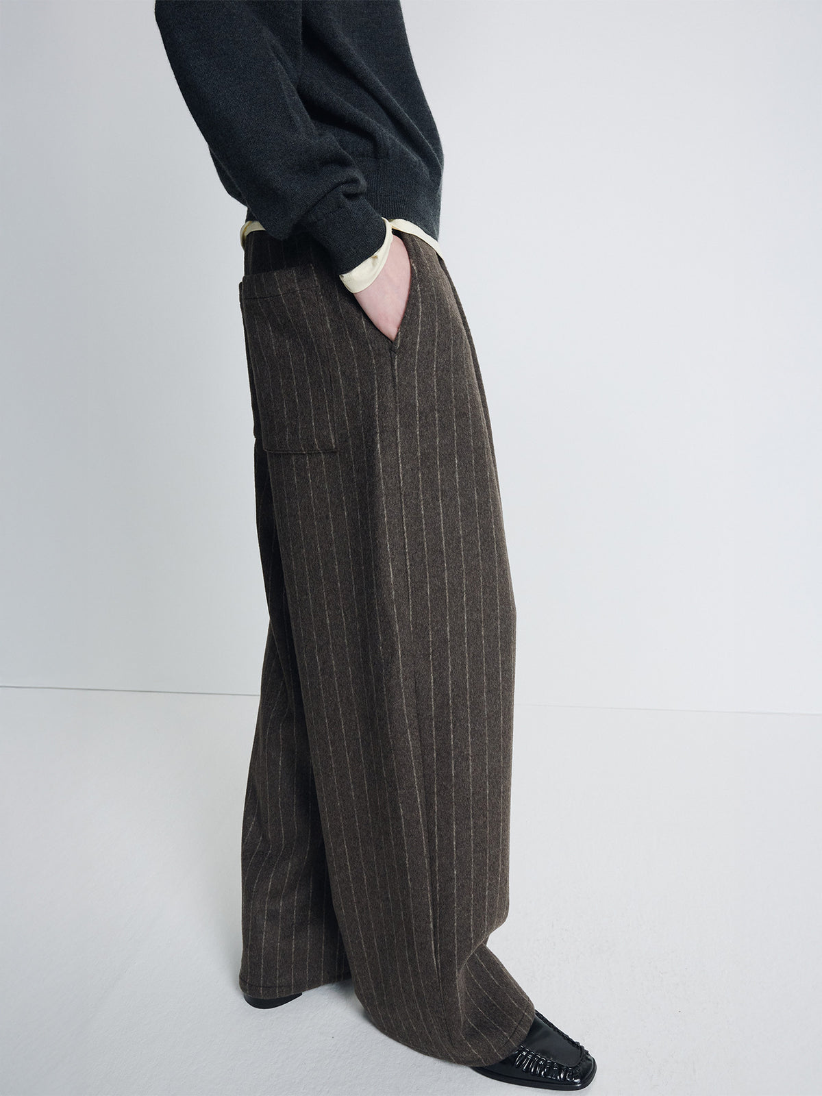 Tonywack - Wool Wide-Leg Banding Trousers (Brown Stripe) product image 3 | TRAB K-Fashion Australia