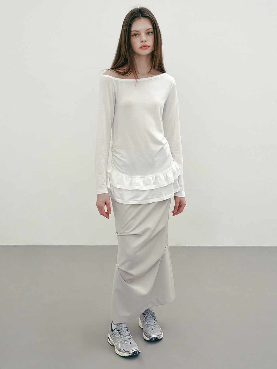 Margarin Fingers - Rivet Long Skirt (Light Grey) product image 1 | TRAB K-Fashion Australia