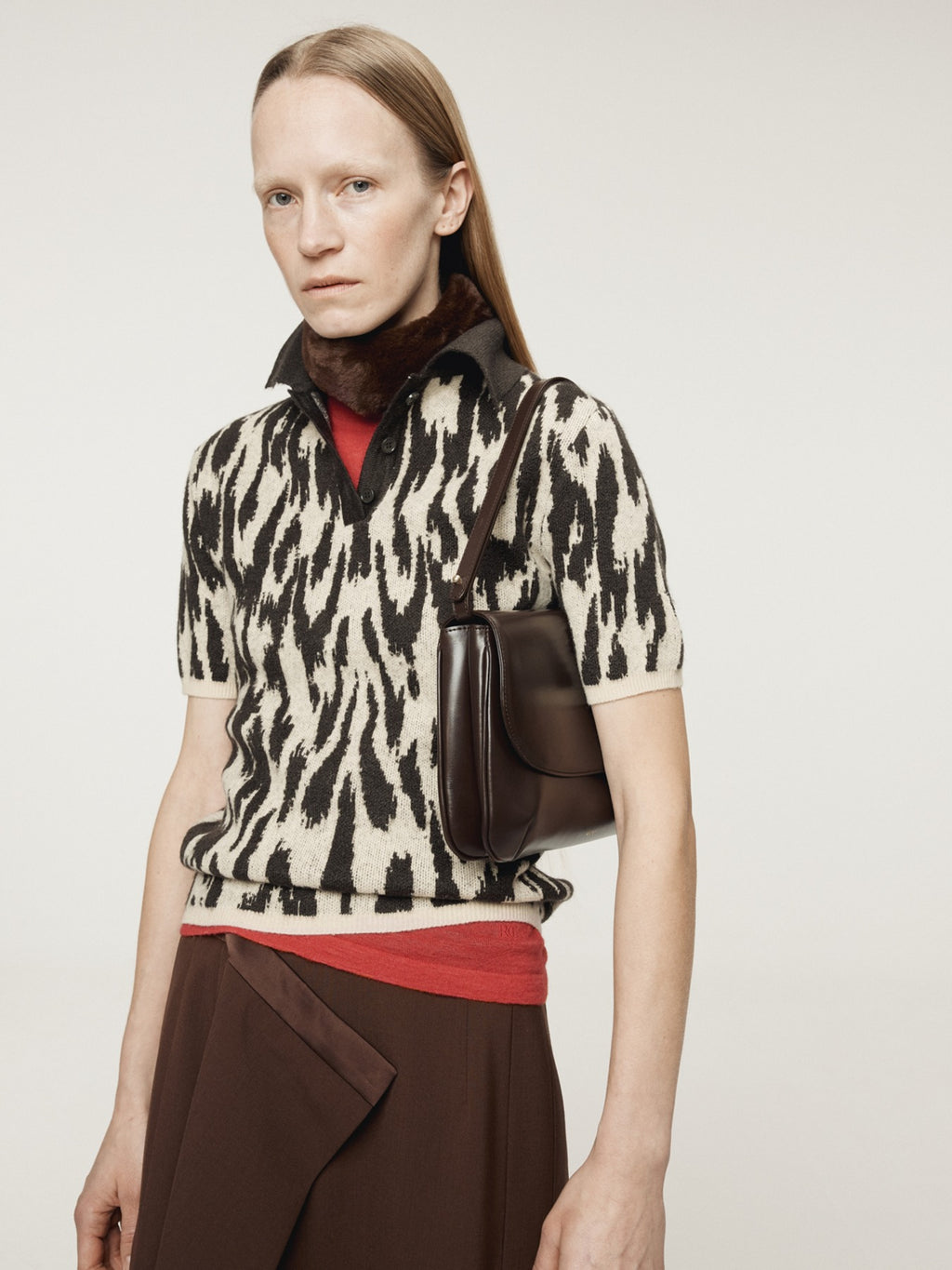 Recto - Leopard Jacquard Polo Knit Top (Dark Brown) product image 1 | TRAB K-Fashion Australia
