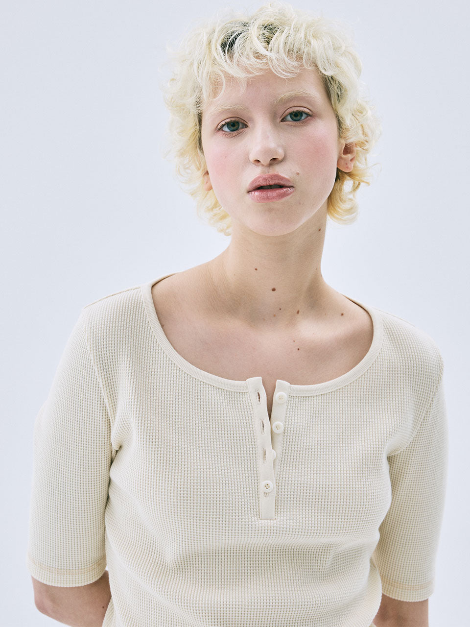 Mardi Mercredi - Waffle Slim Top Henley Neck Half Sleeve (Butter) product image 1 | TRAB K-Fashion Australia