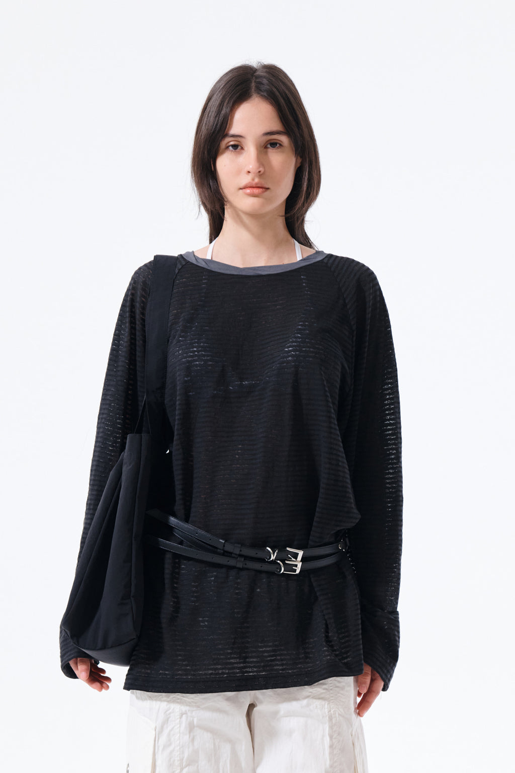 Matin Kim - Twist Boat Neck Stripe Logo Top (Black) product image 10 | TRAB K-Fashion Australia