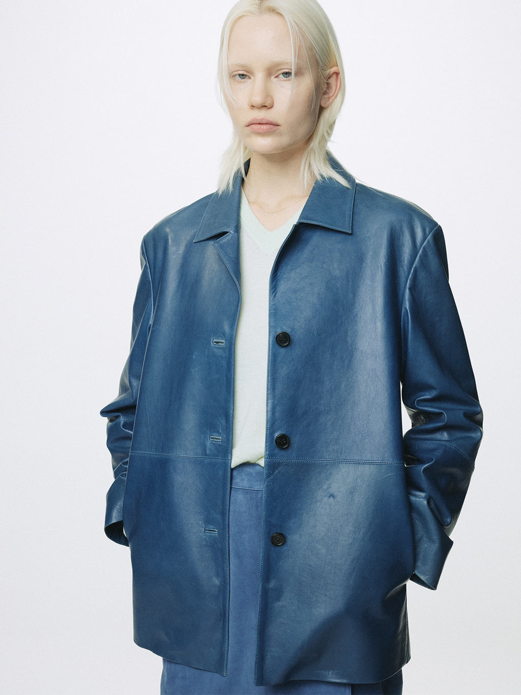 Tonywack - Vegetable Tanned Lamb Leather Open Collar Jacket (Mid Blue) product image 2 | TRAB K-Fashion Australia