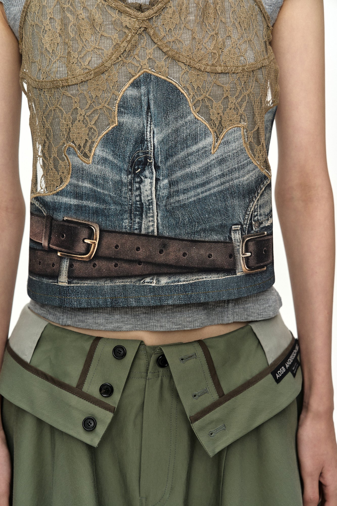 Andersson Bell - Belted Denim Printed Lace Bustier (Mid Blue/Khaki) product image 8 | TRAB K-Fashion Australia