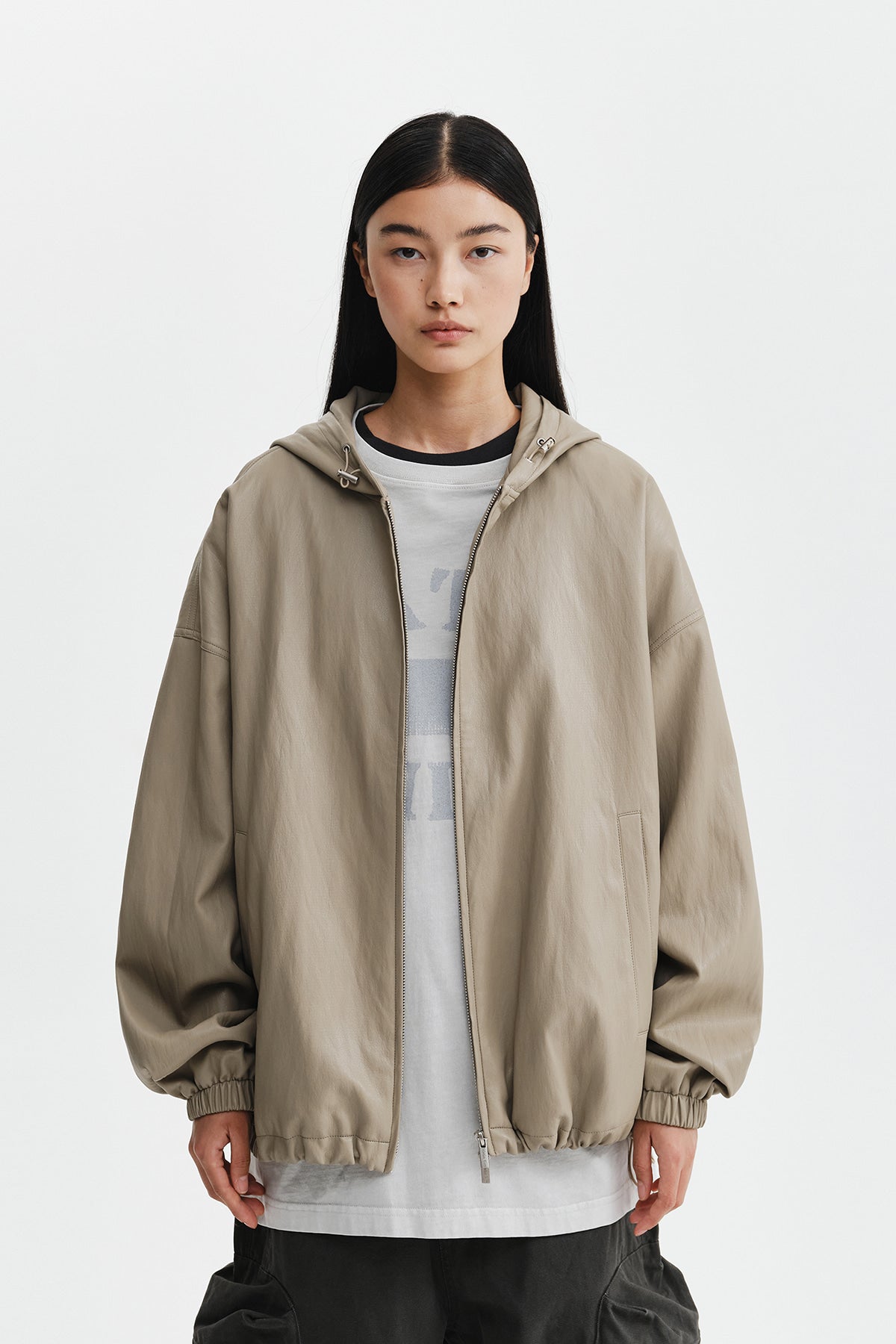 Matin Kim - Faux Leather Applique Logo Hoody Jumper (Beige) product image 6 | TRAB K-Fashion Australia