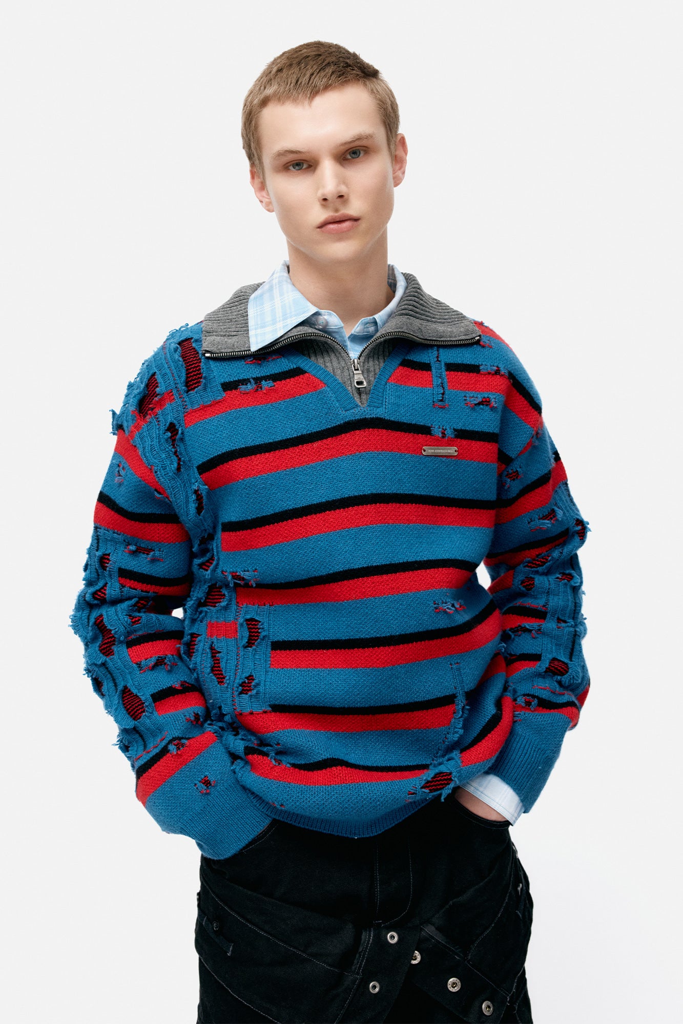 Andersson Bell - Stripe Jacquard Half Zip-Up Sweater (Blue/Red) product image 5 | TRAB K-Fashion Australia