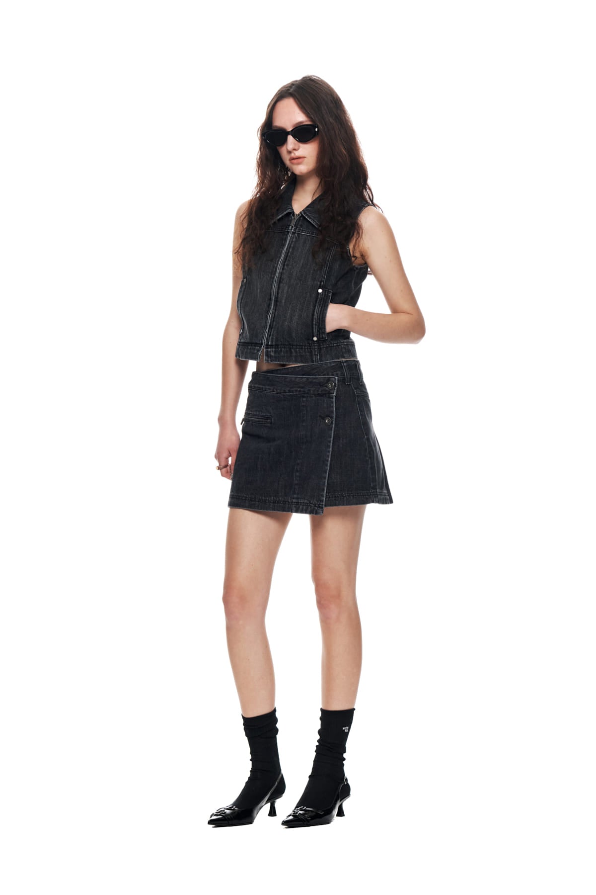 Matin Kim - Pleats Wrap Denim Mini Skirt (Black) product image 9 | TRAB K-Fashion Australia