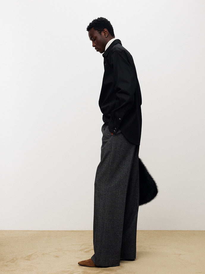 Tonywack - Herringbone Wool Wide-Leg Pleated Trousers (Mid-Grey Herringbone) product image 3 | TRAB K-Fashion Australia