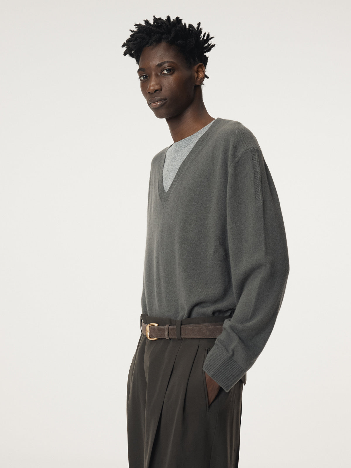 Recto - Contrast Layered V-Neck Knit Top (Taupe Grey) product image 6 | TRAB K-Fashion Australia