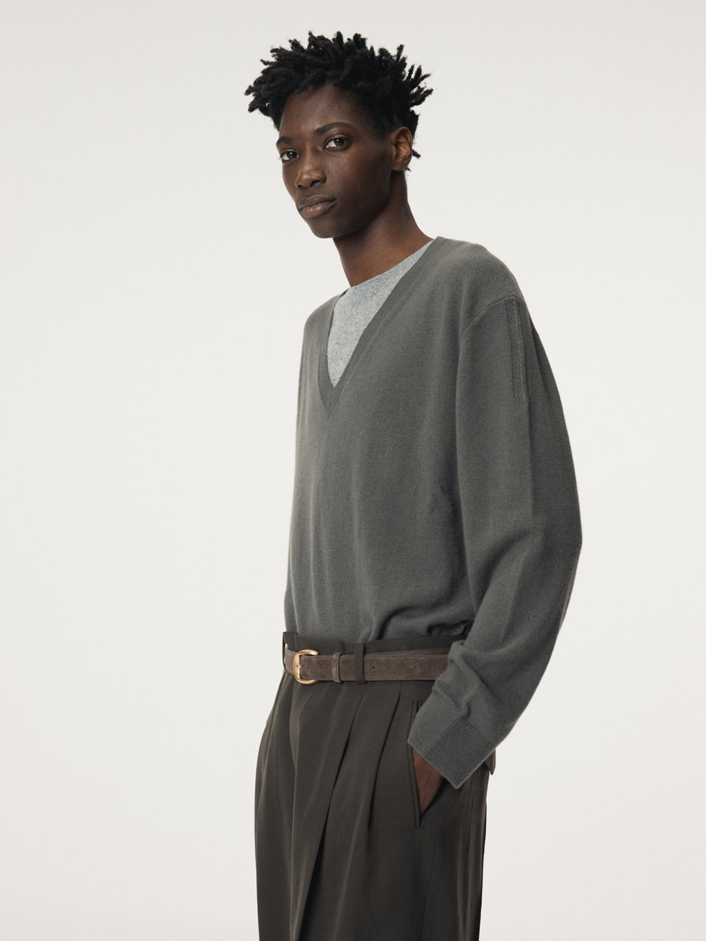 Recto - Contrast Layered V-Neck Knit Top (Taupe Grey) product image 6 | TRAB K-Fashion Australia