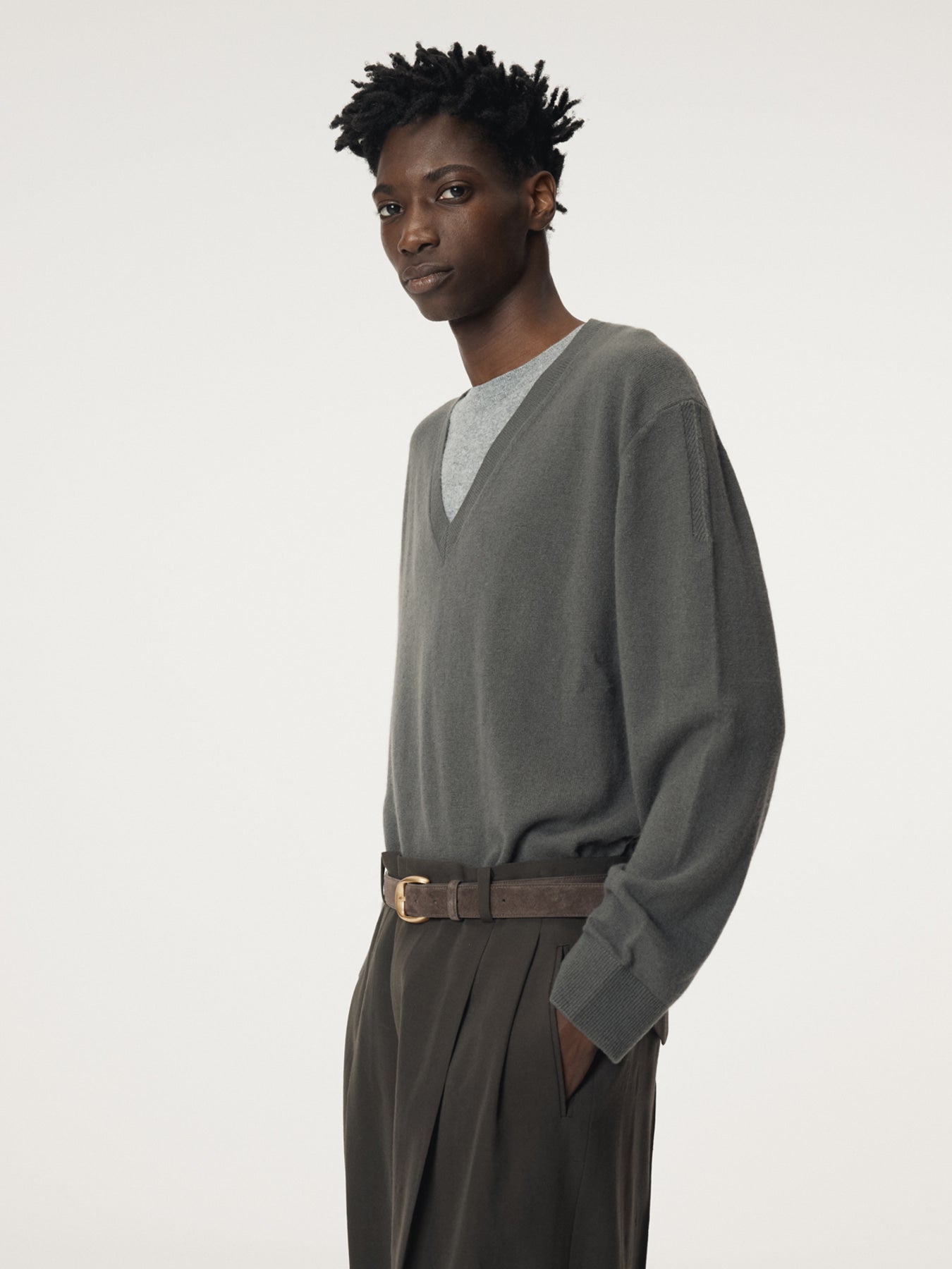 Recto - Contrast Layered V-Neck Knit Top (Taupe Grey) product image 6 | TRAB K-Fashion Australia