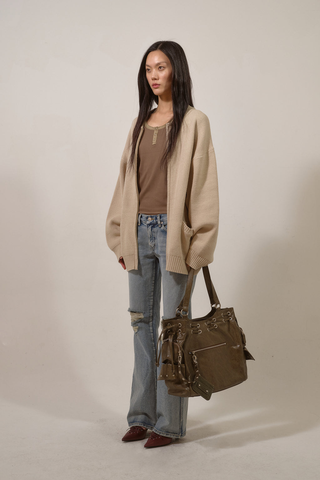 Deinet - D Jacquard Long Knit Zip-Up (Beige) product image 2 | TRAB K-Fashion Australia
