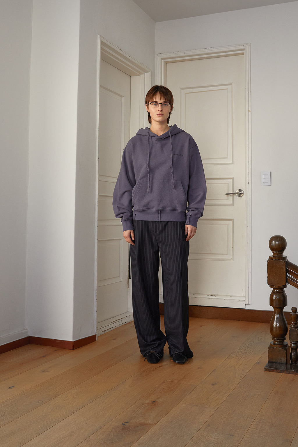 Matin Kim - Rib Cut Detail Logo Hoody (Smoke Blue) product image 12 | TRAB K-Fashion Australia