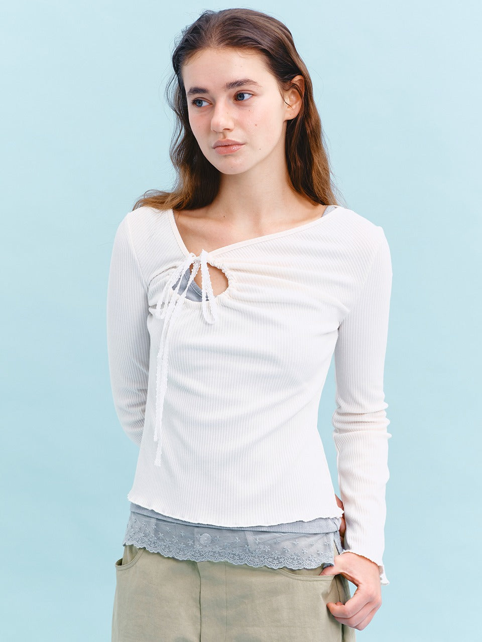 Margarin Fingers - Lace Ribbon Cut Out T-Shirt (Cream) product image 1 | TRAB K-Fashion Australia