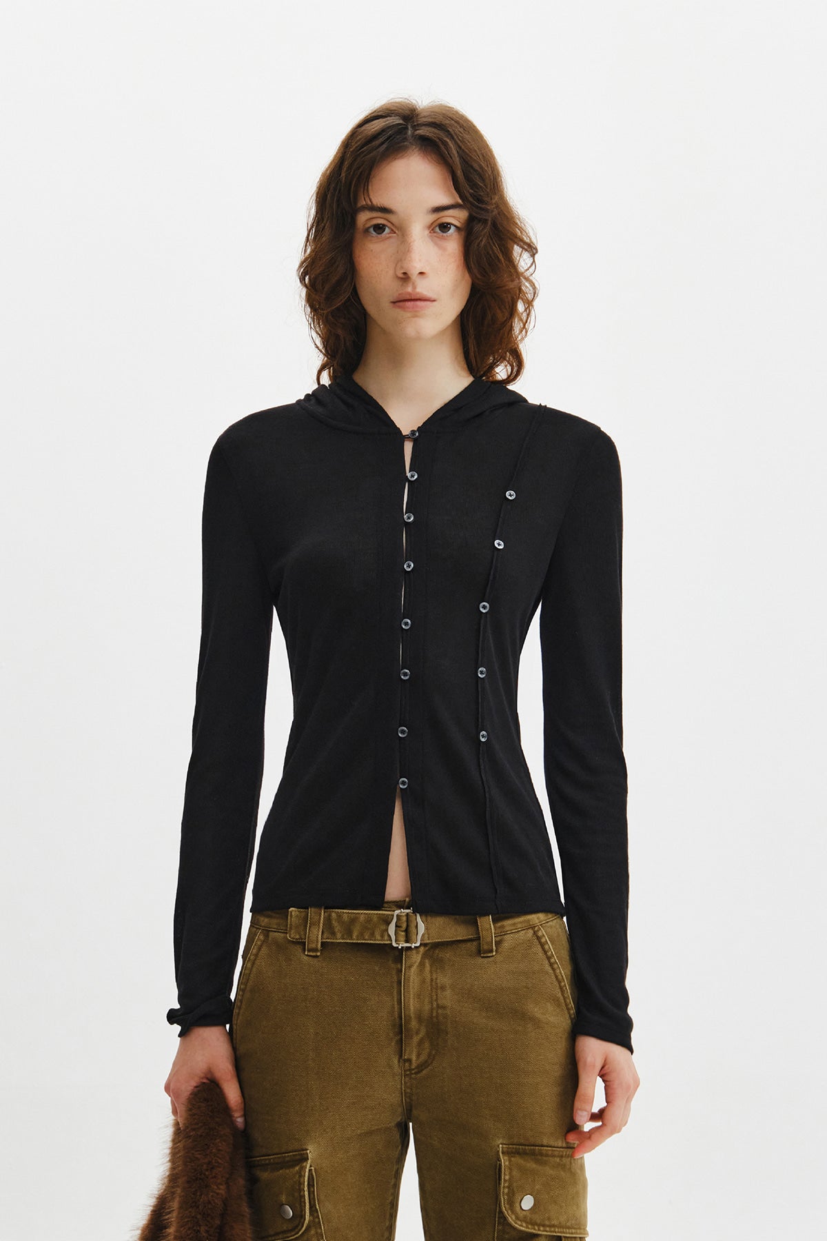 Matin Kim - Double Layer Button Hood Top (Black) product image 7 | TRAB K-Fashion Australia