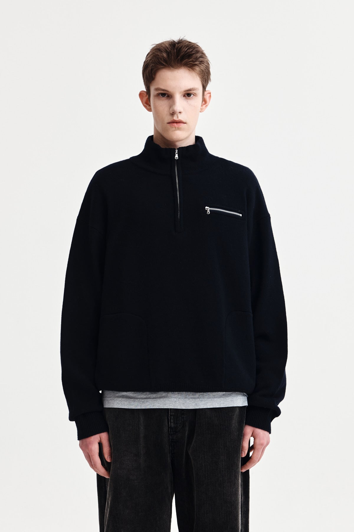 Matin Kim - Back Logo Half Knit Zip Up Pullover (Navy) product image 1 | TRAB K-Fashion Australia