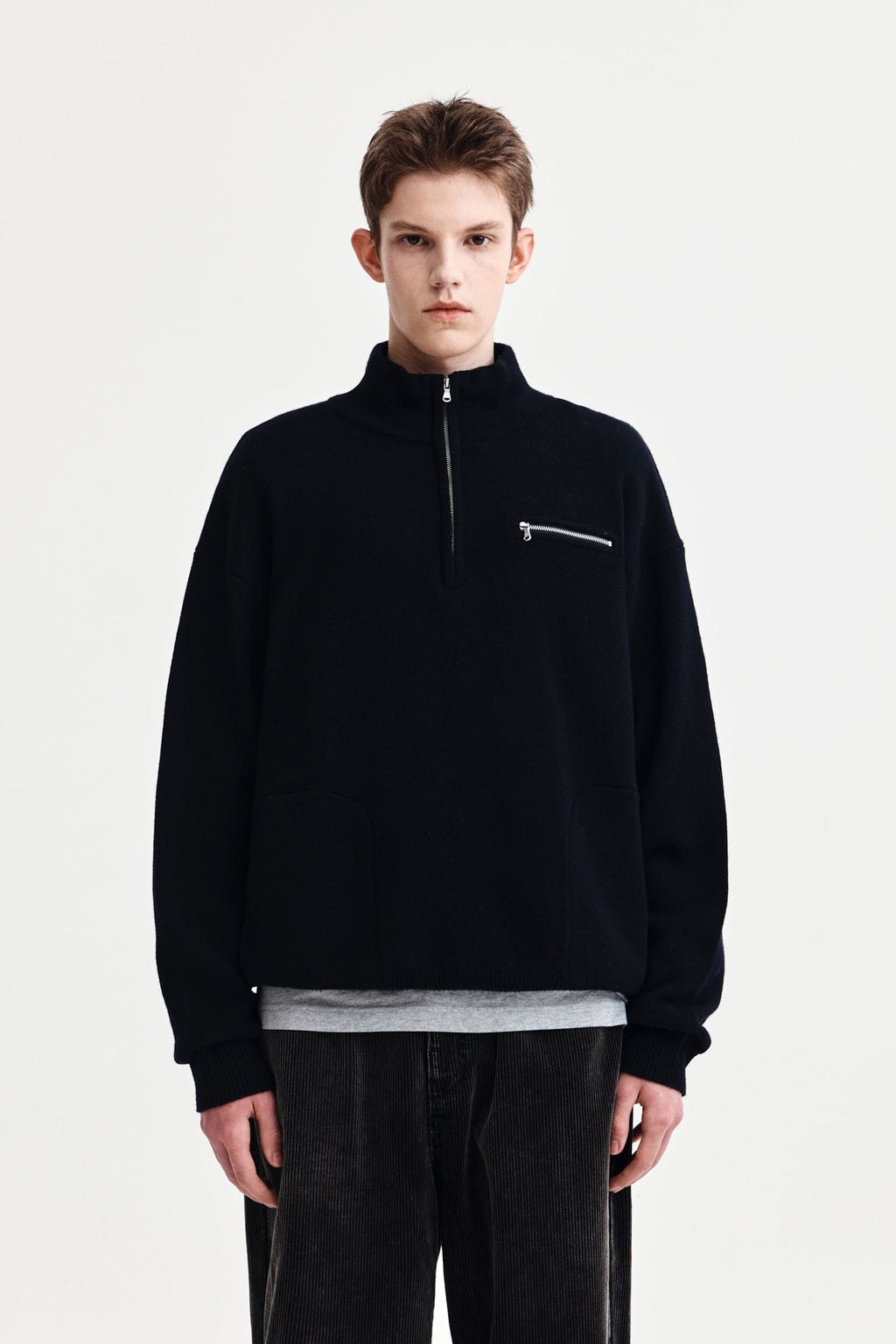 Matin Kim - Back Logo Half Knit Zip Up Pullover (Navy) product image 1 | TRAB K-Fashion Australia