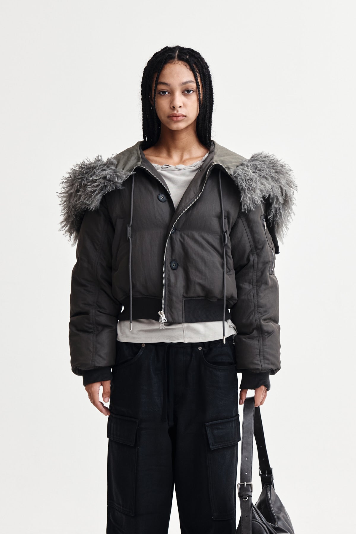 Matin Kim - Fur Hoody Bomber Down Jumper (Dark Grey) product image 9 | TRAB K-Fashion Australia