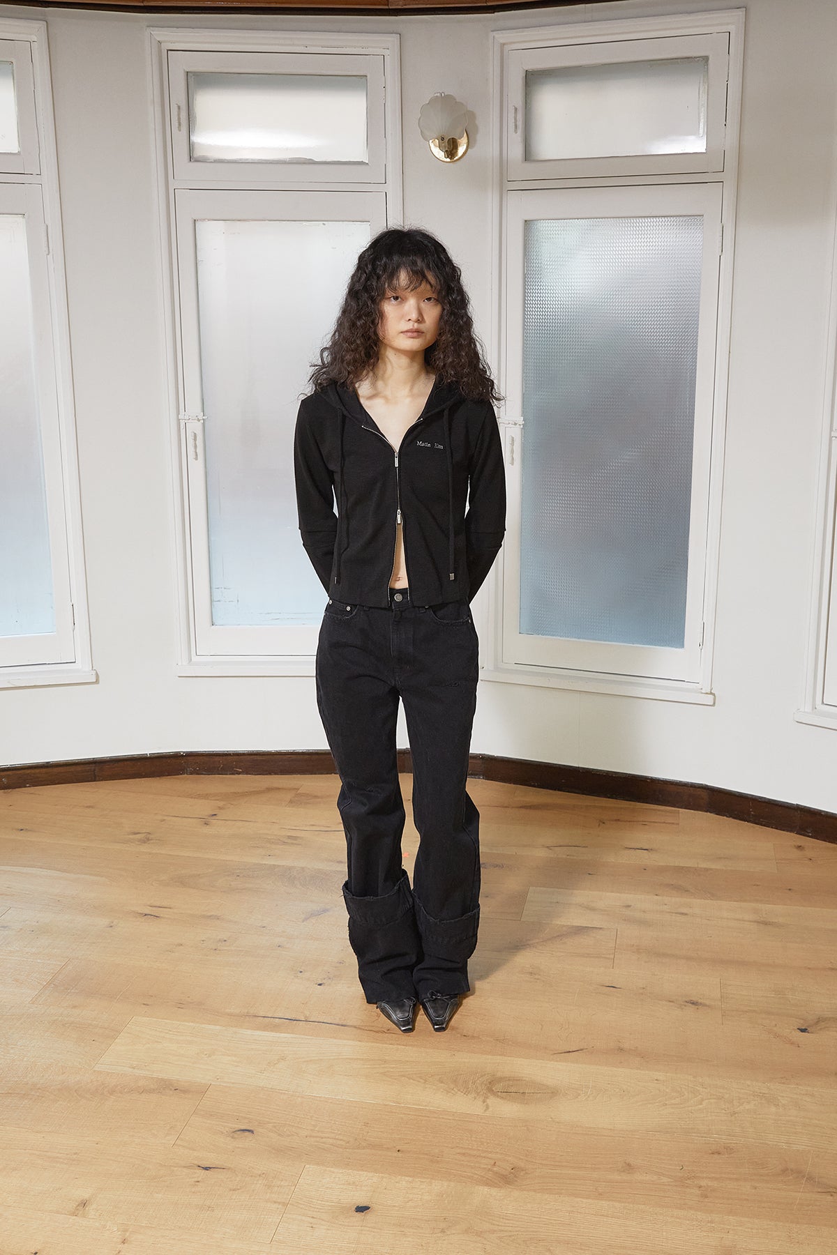 Matin Kim - Sleeve Slit Point Hoody Zip Up (Black) product image 12 | TRAB K-Fashion Australia