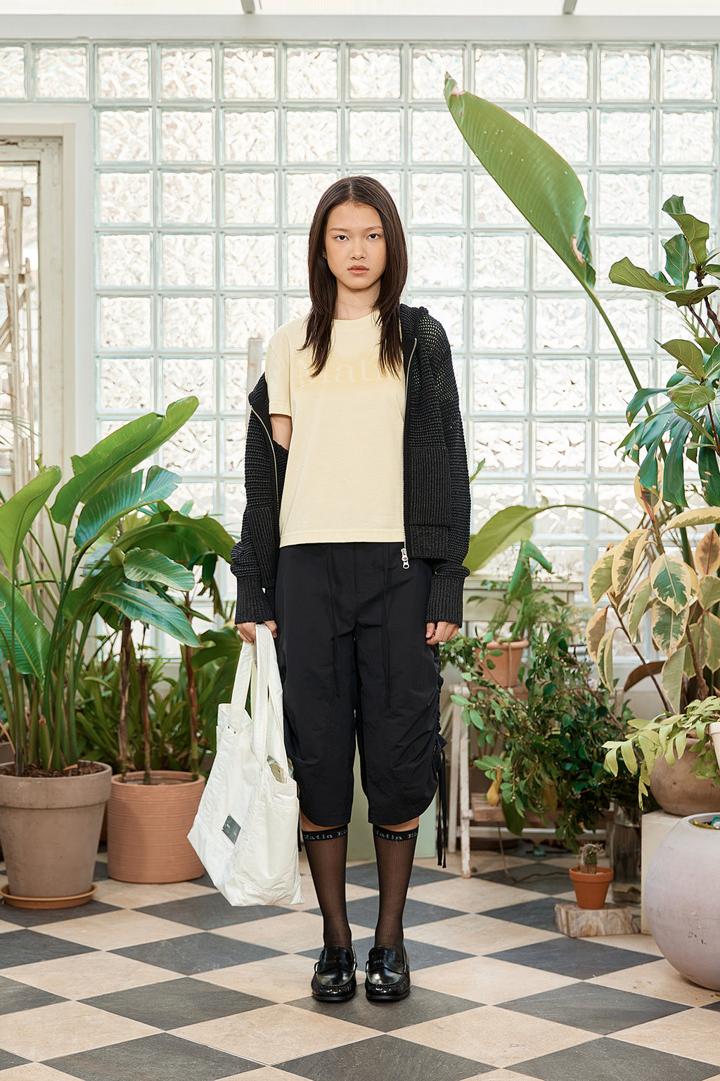 Matin Kim - Two Tone Mesh Knit Hoody Zip Up (Black) product image 6 | TRAB K-Fashion Australia