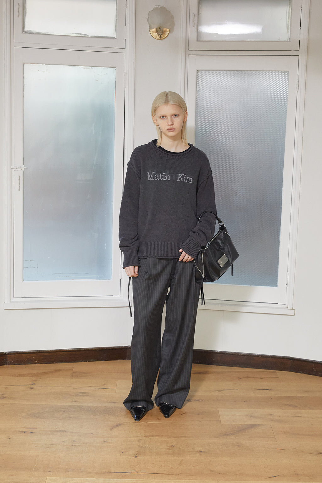 Matin Kim - Crack Logo Vintage Knit Pullover (Charcoal) product image 9 | TRAB K-Fashion Australia