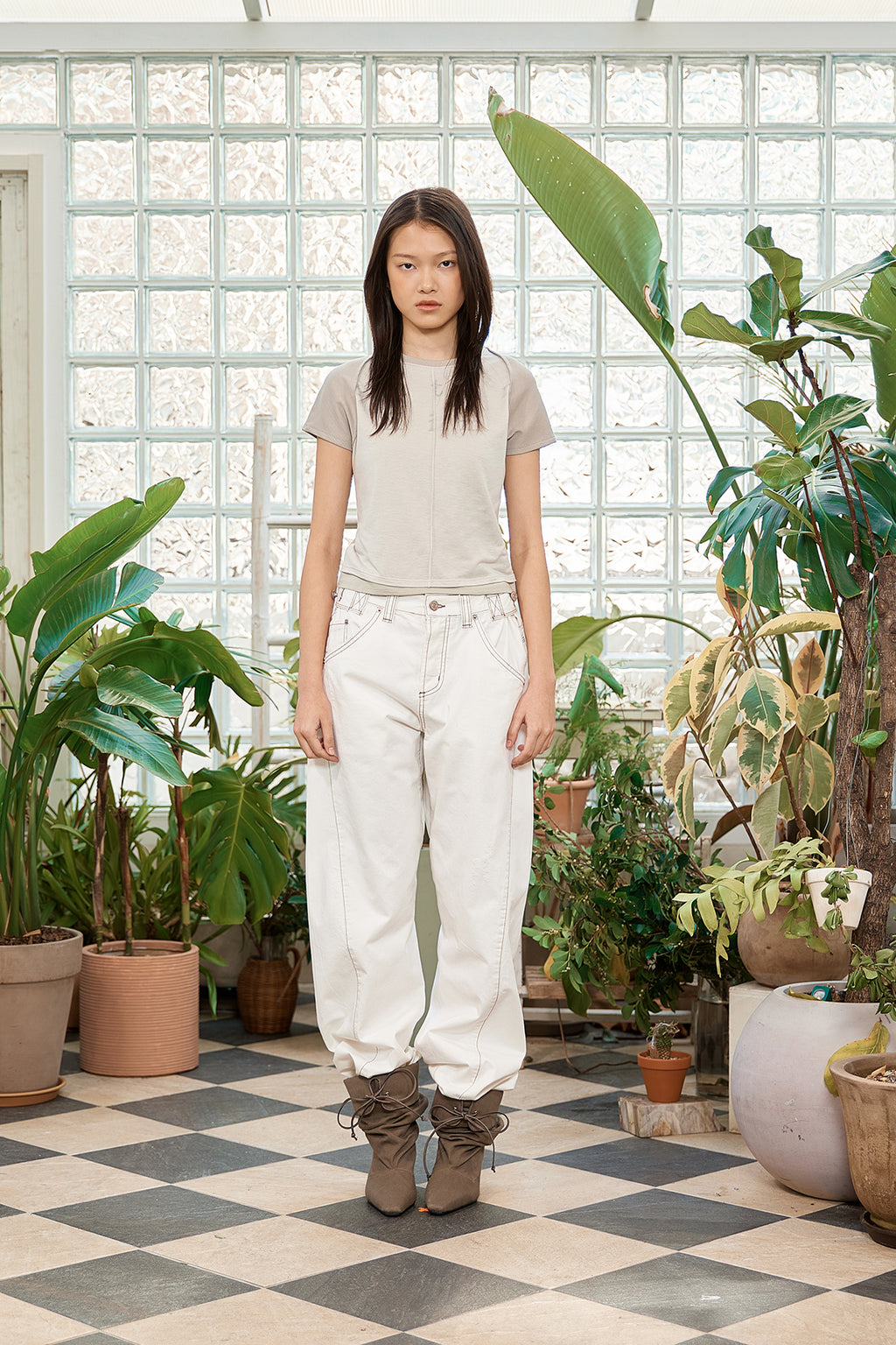 Matin Kim - Waist Buckle Curved Twill Denim Pants (White) product image 13 | TRAB K-Fashion Australia