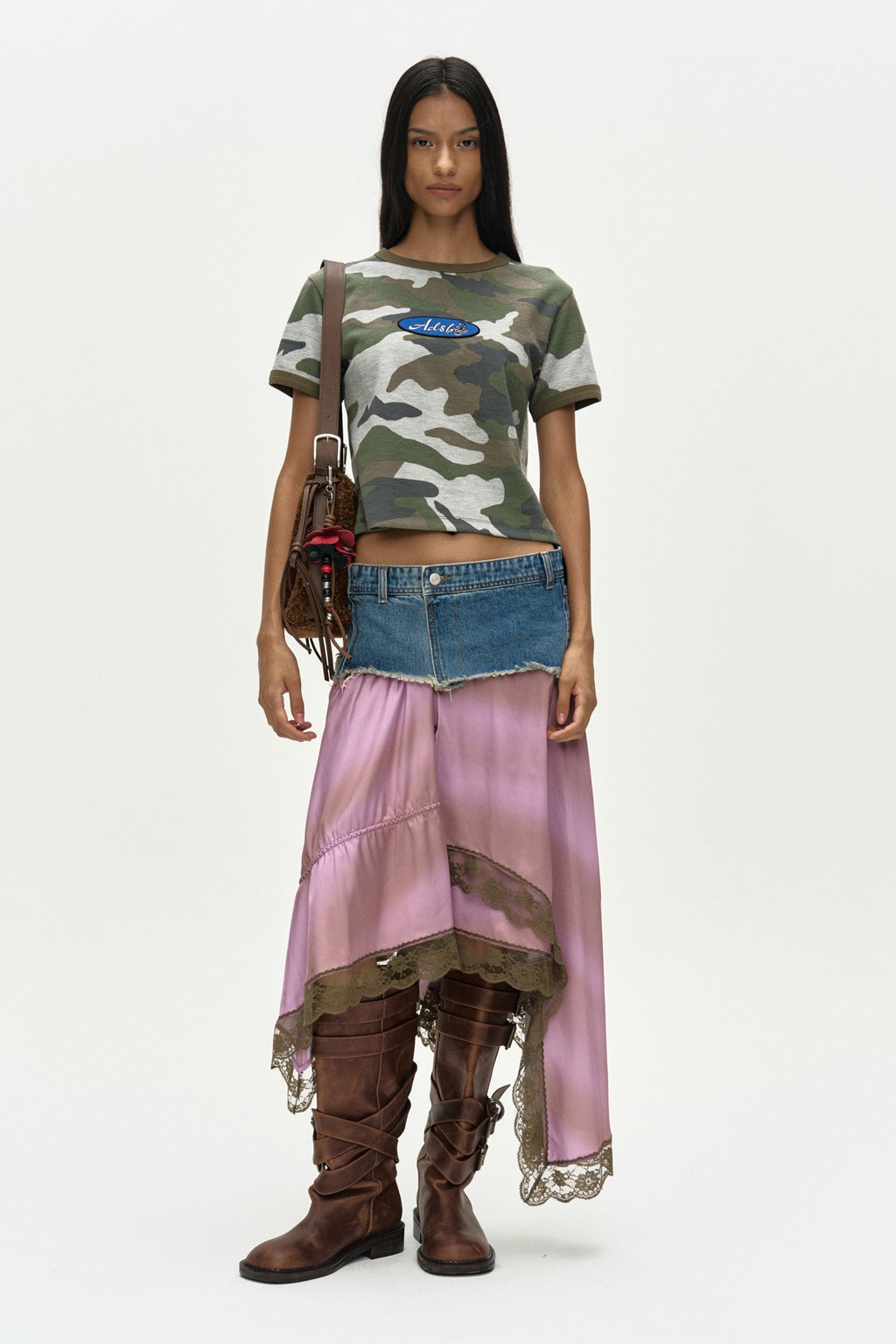 Andersson Bell - Denim Combination Lace Hem Skirt (Denim/Pink) product image 1 | TRAB K-Fashion Australia